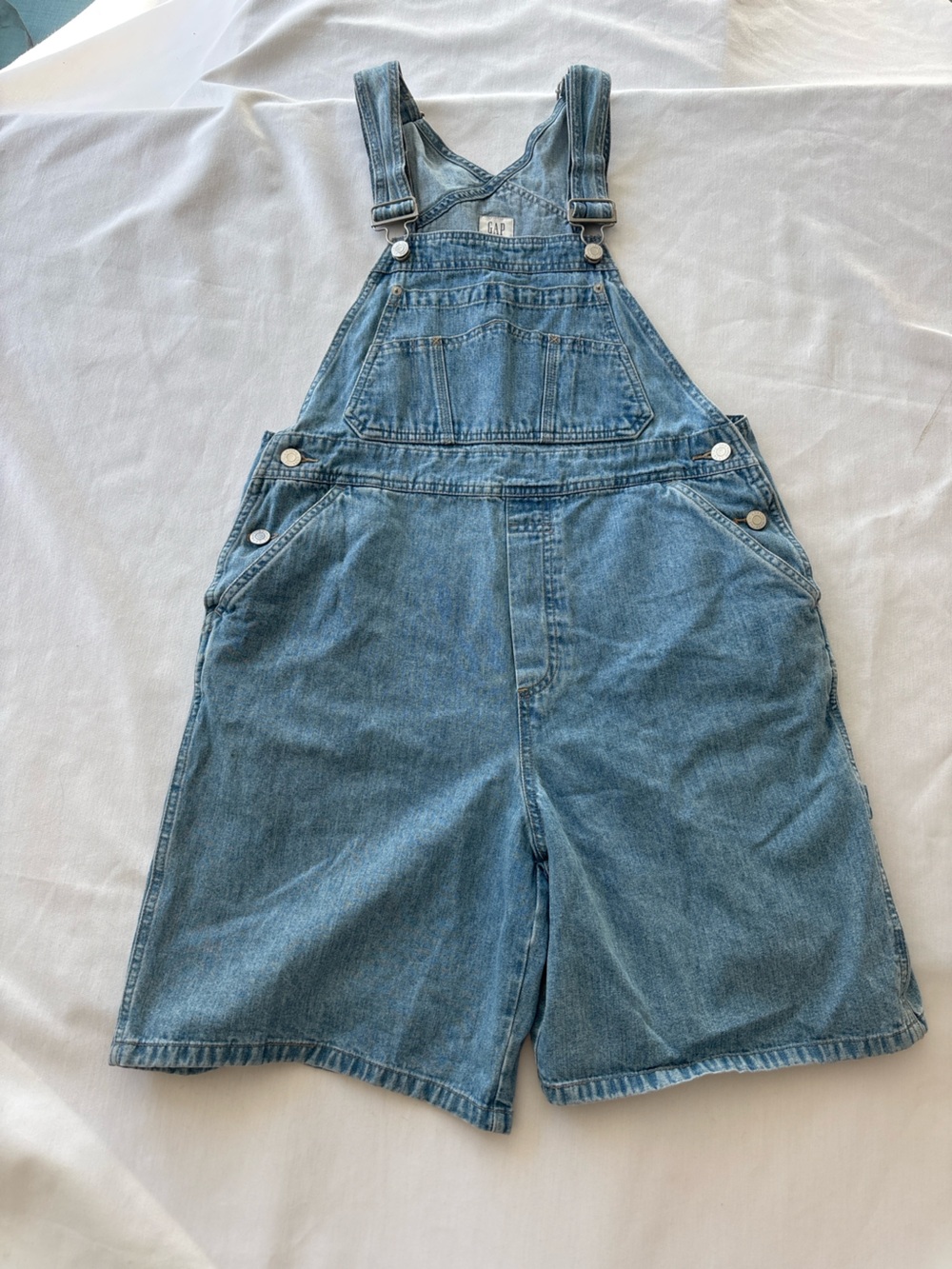 GAP Blue Denim Cotton Overall Shortalls Pockets Adjustable Straps Button, M